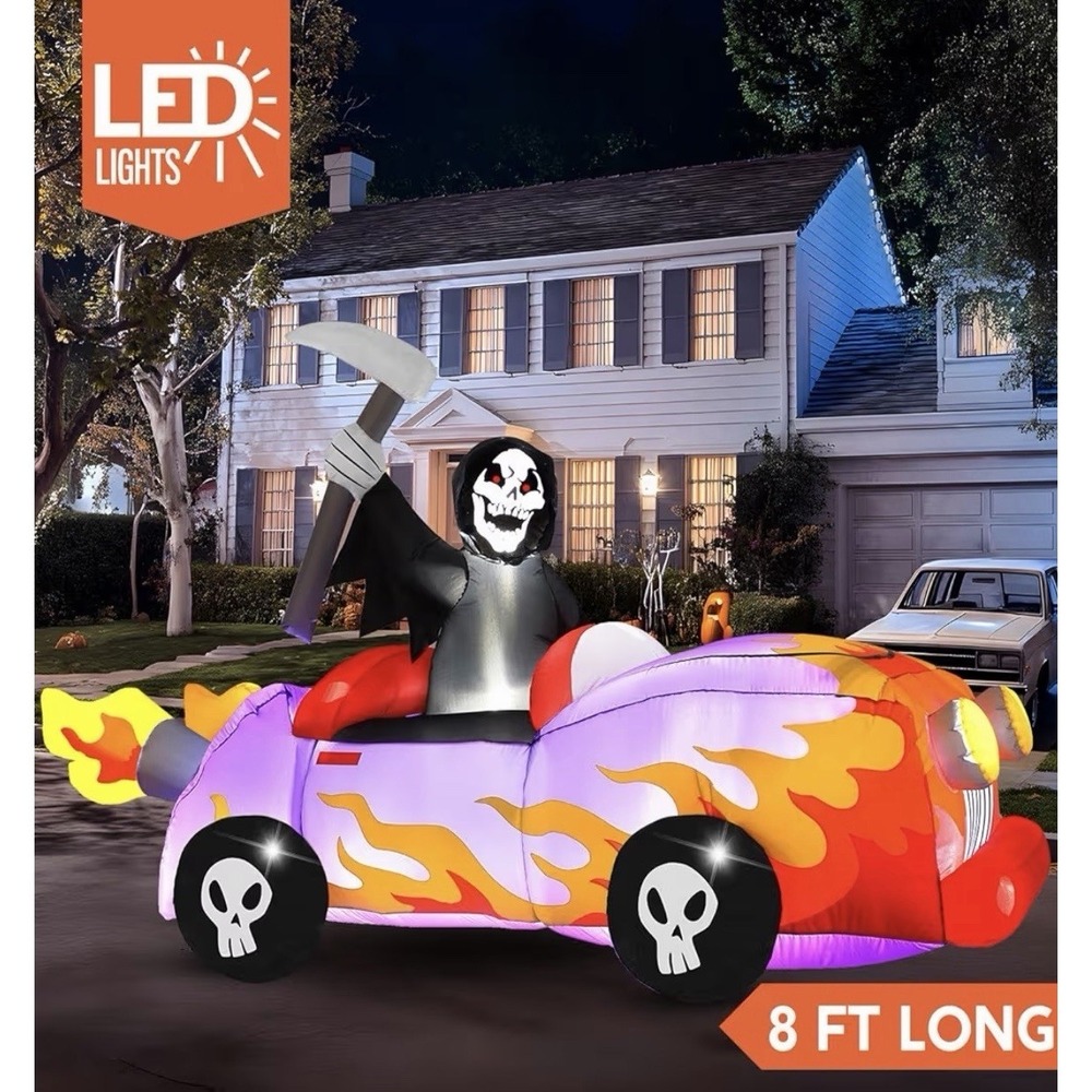Joiedomi 8ft Long Halloween Inflatable Grim Reaper Driving Car